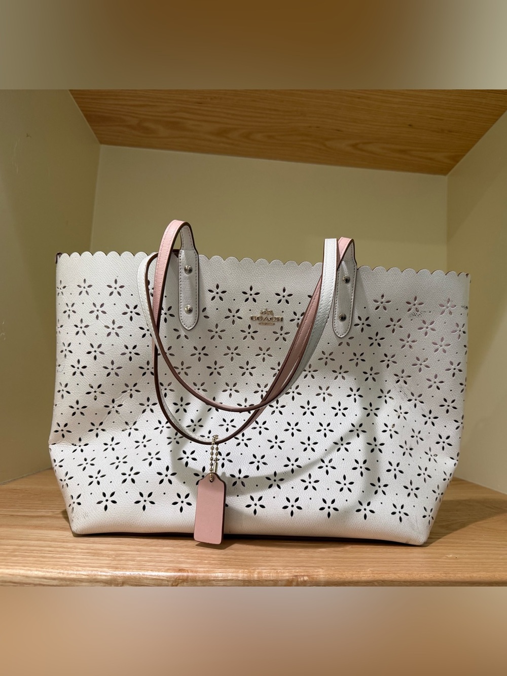 Coach White Laser-Cut Tote with Pink Handles